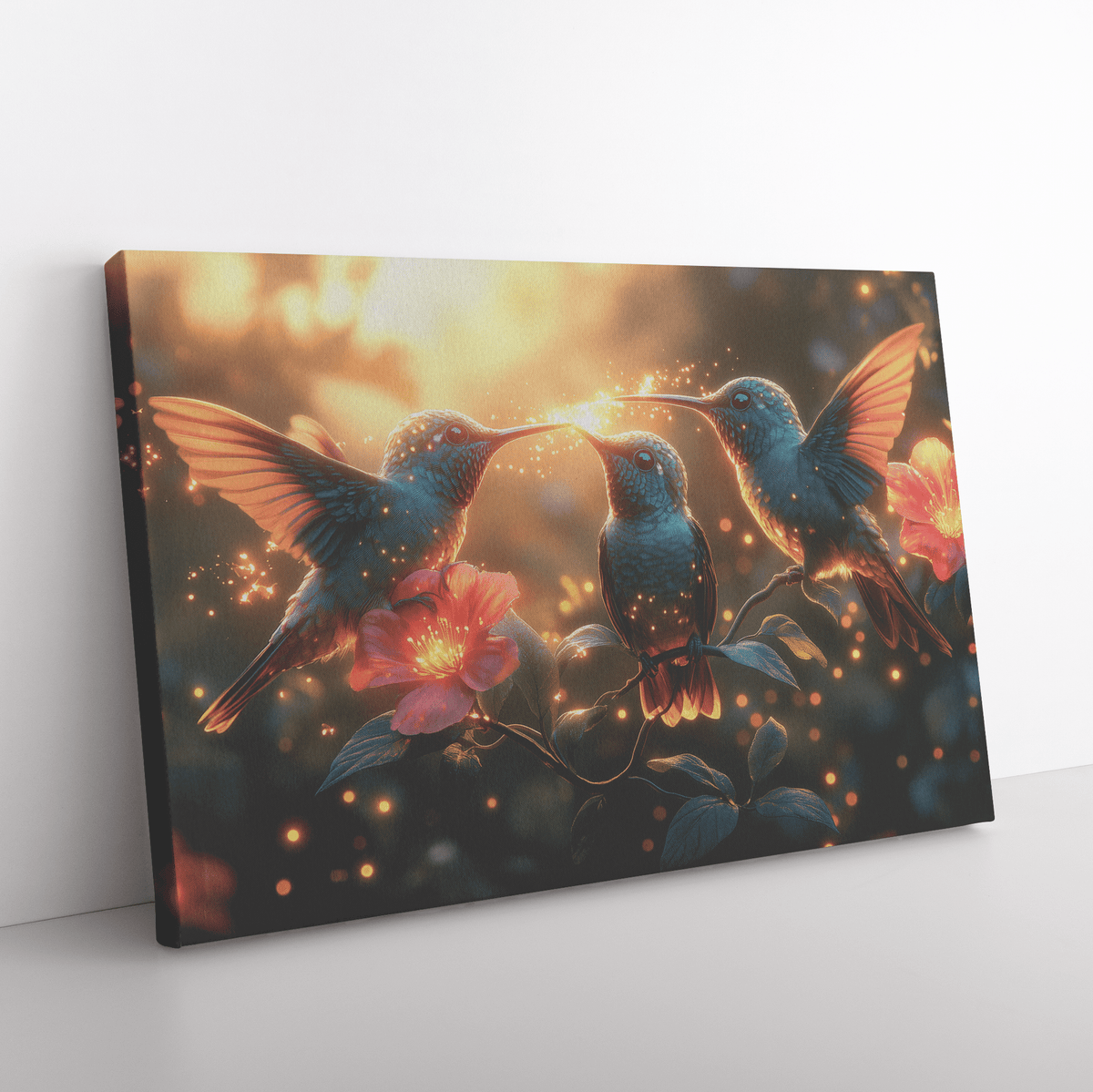 Hummingbirds Drinking Nectar From Bioluminescent Flowers With Fireflies In Glowing Forest Canvas Wall Art Decor - Awakening Righteousness