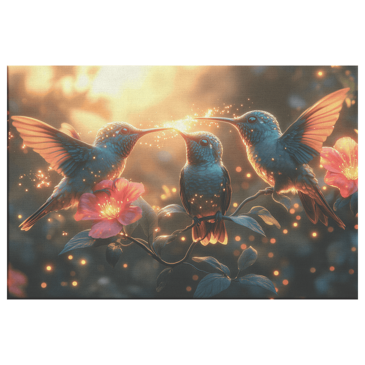 Hummingbirds Drinking Nectar From Bioluminescent Flowers With Fireflies In Glowing Forest Canvas Wall Art Decor - Awakening Righteousness