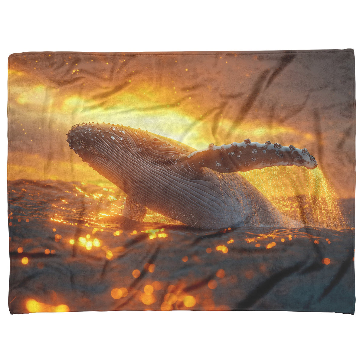 Humpback Whale Breaching Ocean Surface Golden Sunset Glowing Water Droplets Fleece Sherpa Blanket - Awakening Righteousness