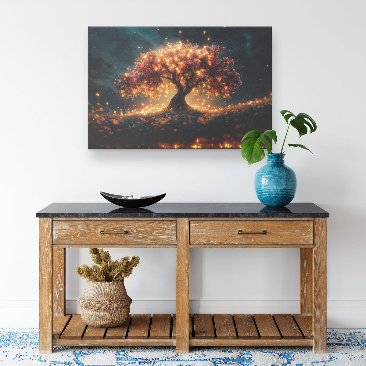 Illuminated Tree of Life with Blooming Flowers Christian Canvas Wall Art Decor - Awakening Righteousness