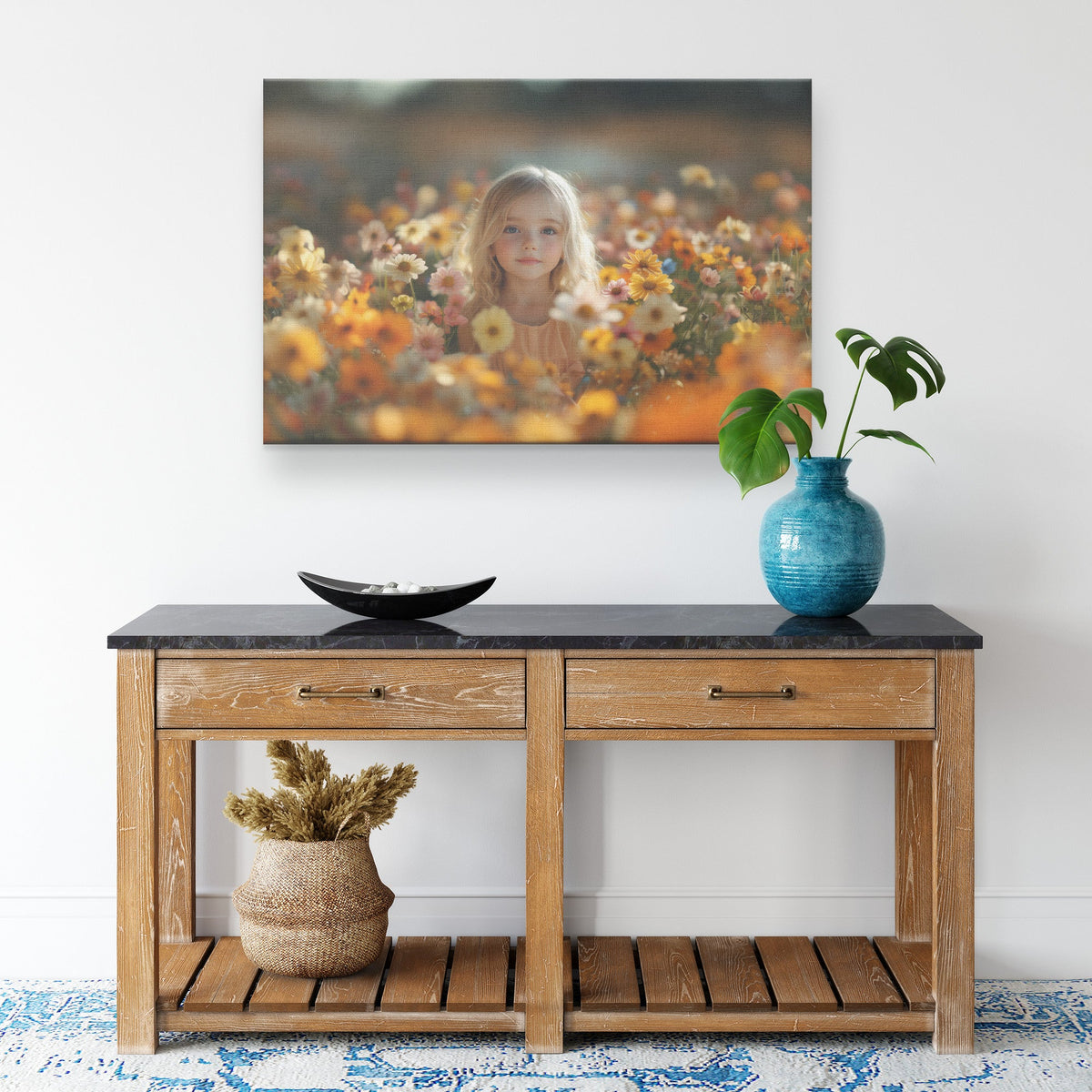 Innocent Beauty of a Young Girl Surrounded by Vibrant Flowers Christian Canvas Wall Art for Home Church and Gift Decor - Awakening Righteousness