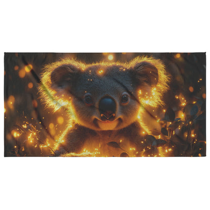 Koala Beach Towel Surrounded by Glowing Eucalyptus Leaves in Magical Forest with Ethereal Light - Awakening Righteousness