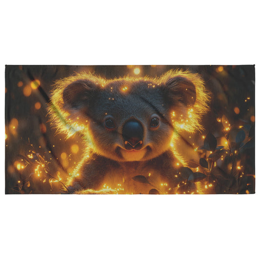 Koala Beach Towel Surrounded by Glowing Eucalyptus Leaves in Magical Forest with Ethereal Light - Awakening Righteousness