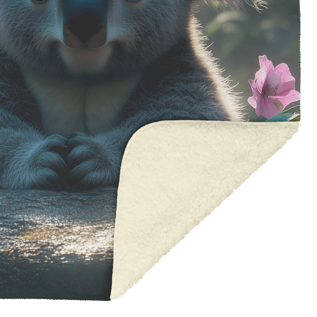 Koala Sitting Near Glowing Waterfall Under Soft Morning Mist Natural Magical Atmosphere Fleece Sherpa Blanket - Awakening Righteousness