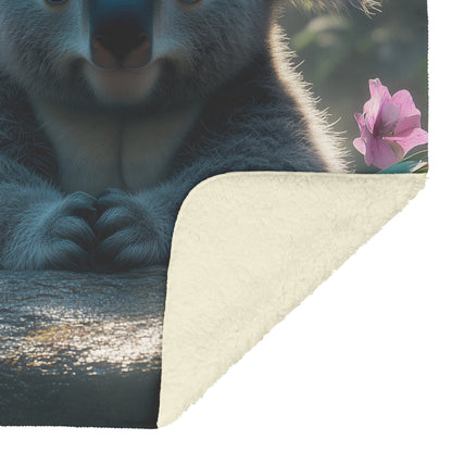 Koala Sitting Near Glowing Waterfall Under Soft Morning Mist Natural Magical Atmosphere Fleece Sherpa Blanket - Awakening Righteousness