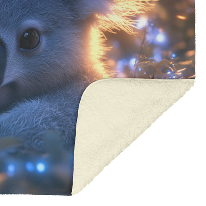 Koala Surrounded by Bioluminescent Blue and Green Plants in Magical Night Forest Fleece Sherpa Blanket - Awakening Righteousness