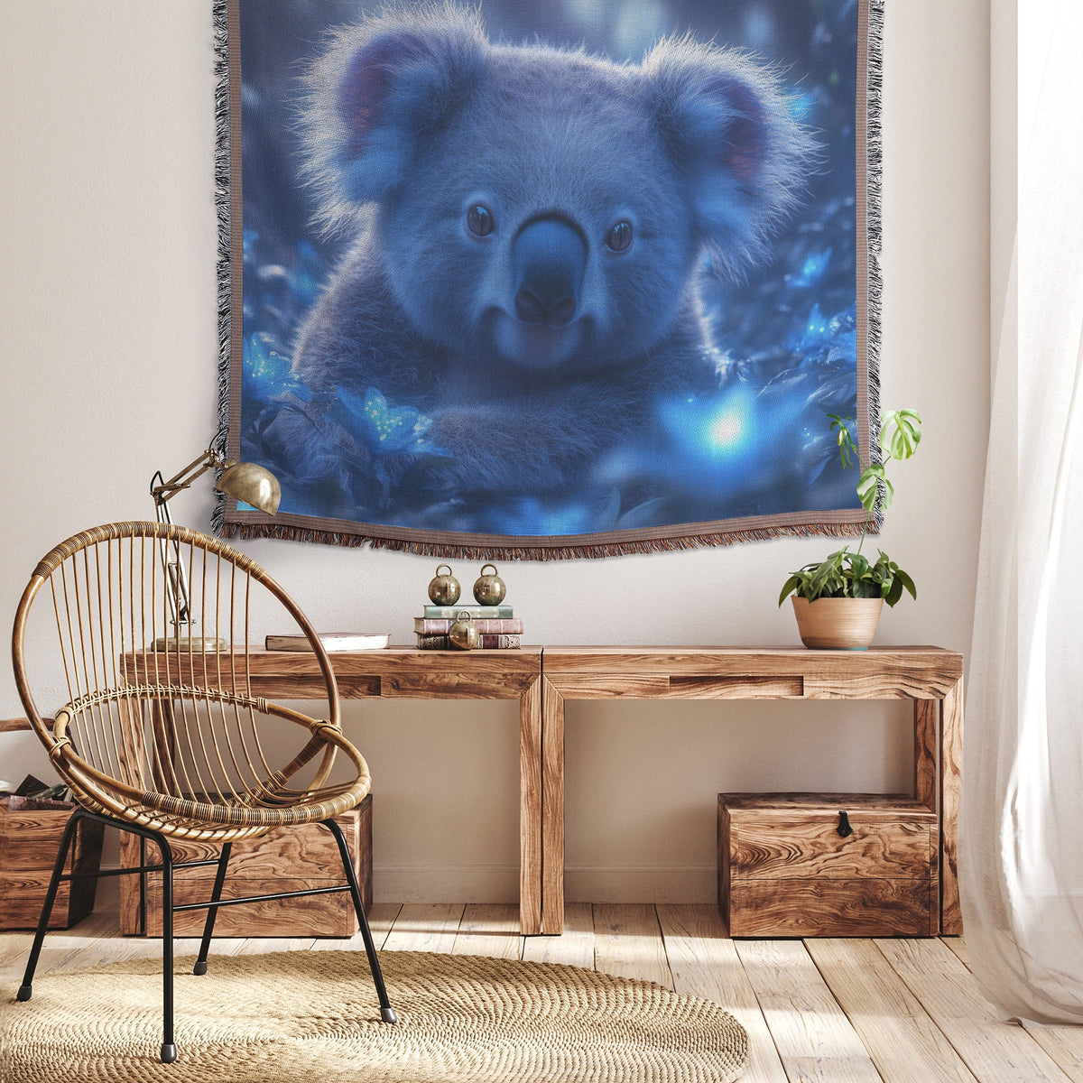 Koala Surrounded by Bioluminescent Plants Glowing Blue and Green in Magical Night Forest Woven Throw Blanket - Awakening Righteousness