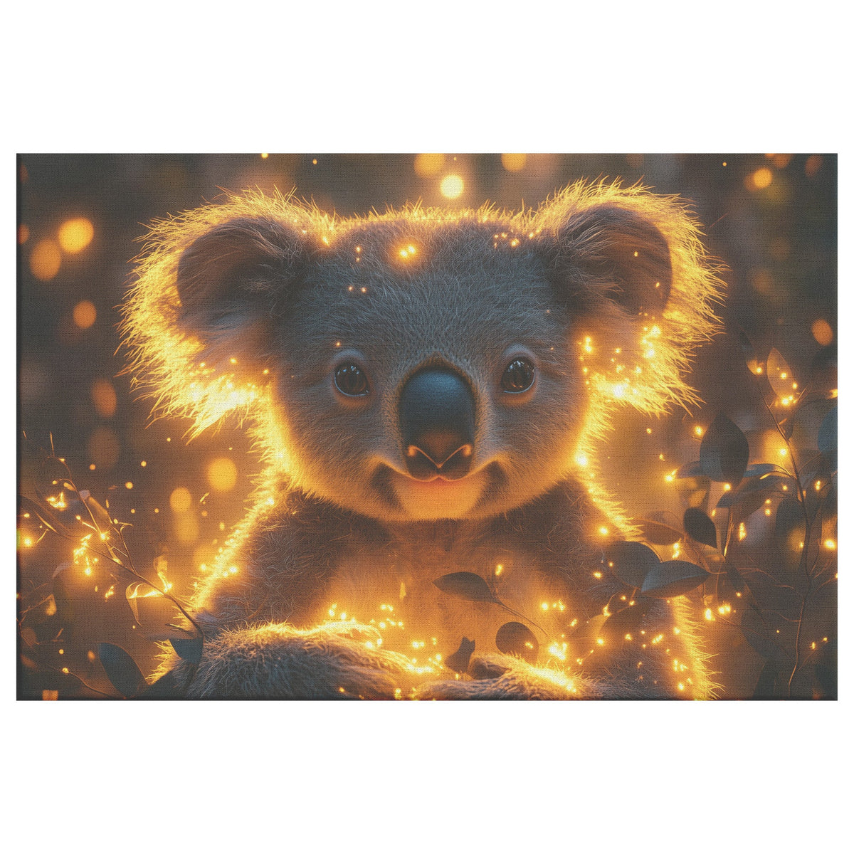 Koala Surrounded by Glowing Eucalyptus Leaves and Ethereal Light in Magical Forest Canvas Wall Art Decor - Awakening Righteousness