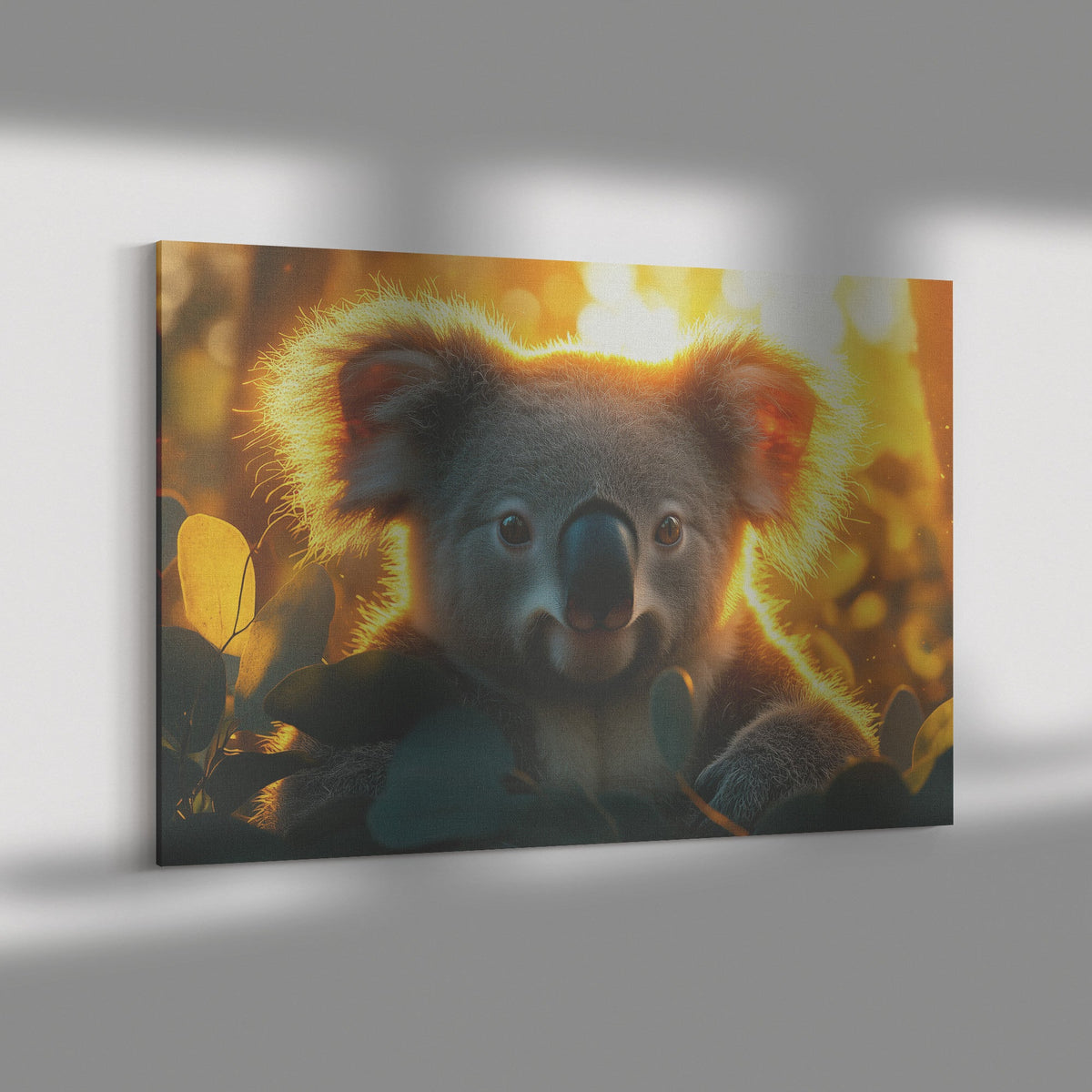 Koala Surrounded by Glowing Eucalyptus Leaves and Ethereal Light Magical Forest Canvas Wall Art Decor - Awakening Righteousness