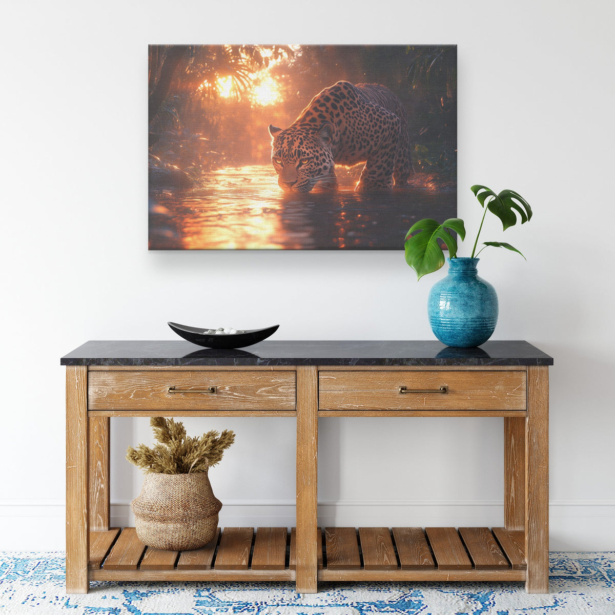 Leopard Canvas Wall Art Decor Drinking Water from Glowing River Surrounded by Lush Jungle Trees Under Twilight Sky - Awakening Righteousness