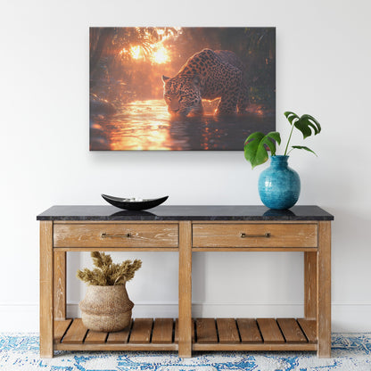 Leopard Canvas Wall Art Decor Drinking Water from Glowing River Surrounded by Lush Jungle Trees Under Twilight Sky - Awakening Righteousness