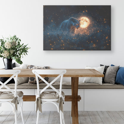 Leopard Canvas Wall Art Decor Hunting Under Glowing Moonlight in Open Savanna Surrounded by Misty Grass - Awakening Righteousness