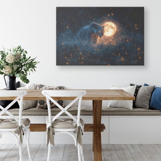 Leopard Canvas Wall Art Decor Hunting Under Glowing Moonlight in Open Savanna Surrounded by Misty Grass - Awakening Righteousness