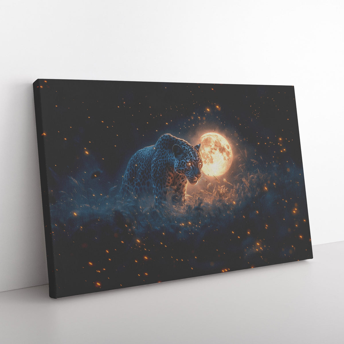 Leopard Canvas Wall Art Decor Hunting Under Glowing Moonlight in Open Savanna Surrounded by Misty Grass - Awakening Righteousness