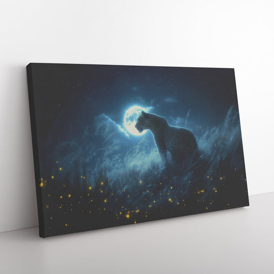 Leopard Canvas Wall Art Decor Hunting Under Glowing Moonlight in Open Savanna Surrounded by Misty Grass - Awakening Righteousness