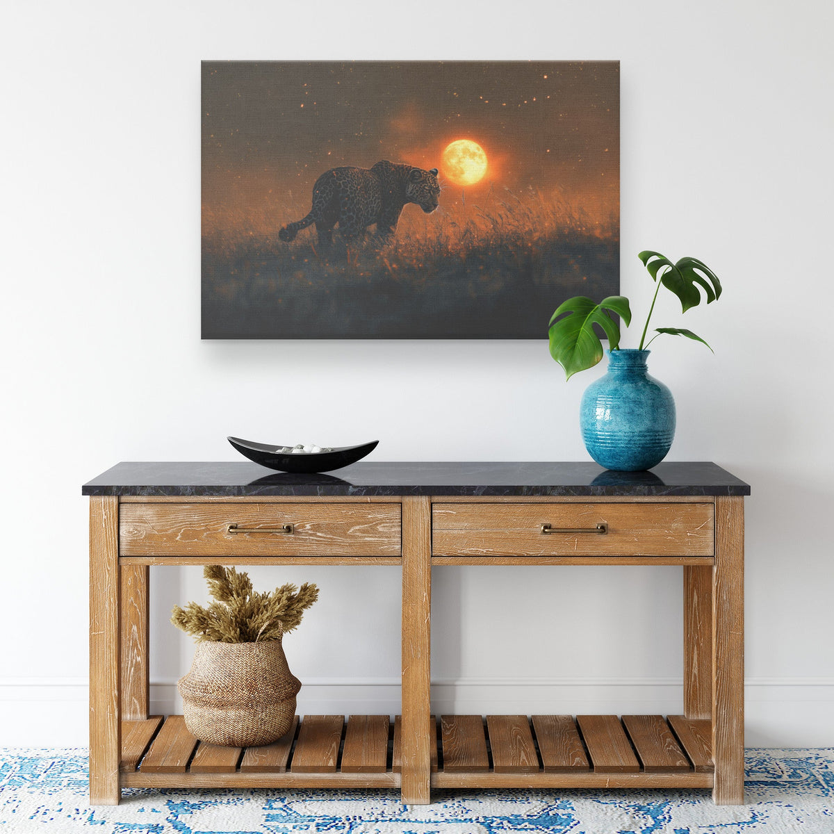 Leopard Canvas Wall Art Decor Hunting Under Glowing Moonlight in Open Savanna Surrounded by Misty Grass - Awakening Righteousness