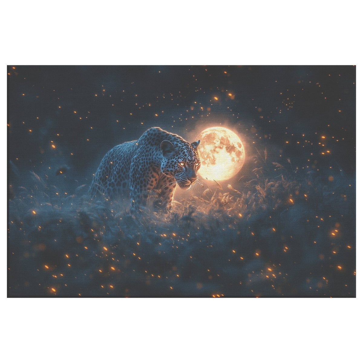 Leopard Canvas Wall Art Decor Hunting Under Glowing Moonlight in Open Savanna Surrounded by Misty Grass - Awakening Righteousness