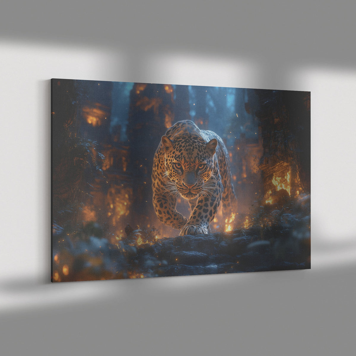 Leopard Canvas Wall Art Decor Walking Through Glowing Ancient Ruins Covered in Jungle Vines Under a Twilight Sky with Magical Atmosphere - Awakening Righteousness