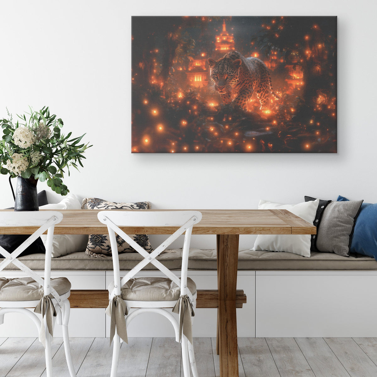 Leopard Canvas Wall Art Decor Walking Through Glowing Ancient Ruins Covered in Jungle Vines Under a Twilight Sky with Magical Atmosphere - Awakening Righteousness