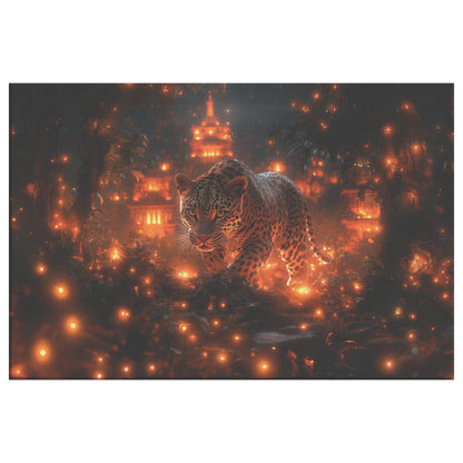 Leopard Canvas Wall Art Decor Walking Through Glowing Ancient Ruins Covered in Jungle Vines Under a Twilight Sky with Magical Atmosphere - Awakening Righteousness