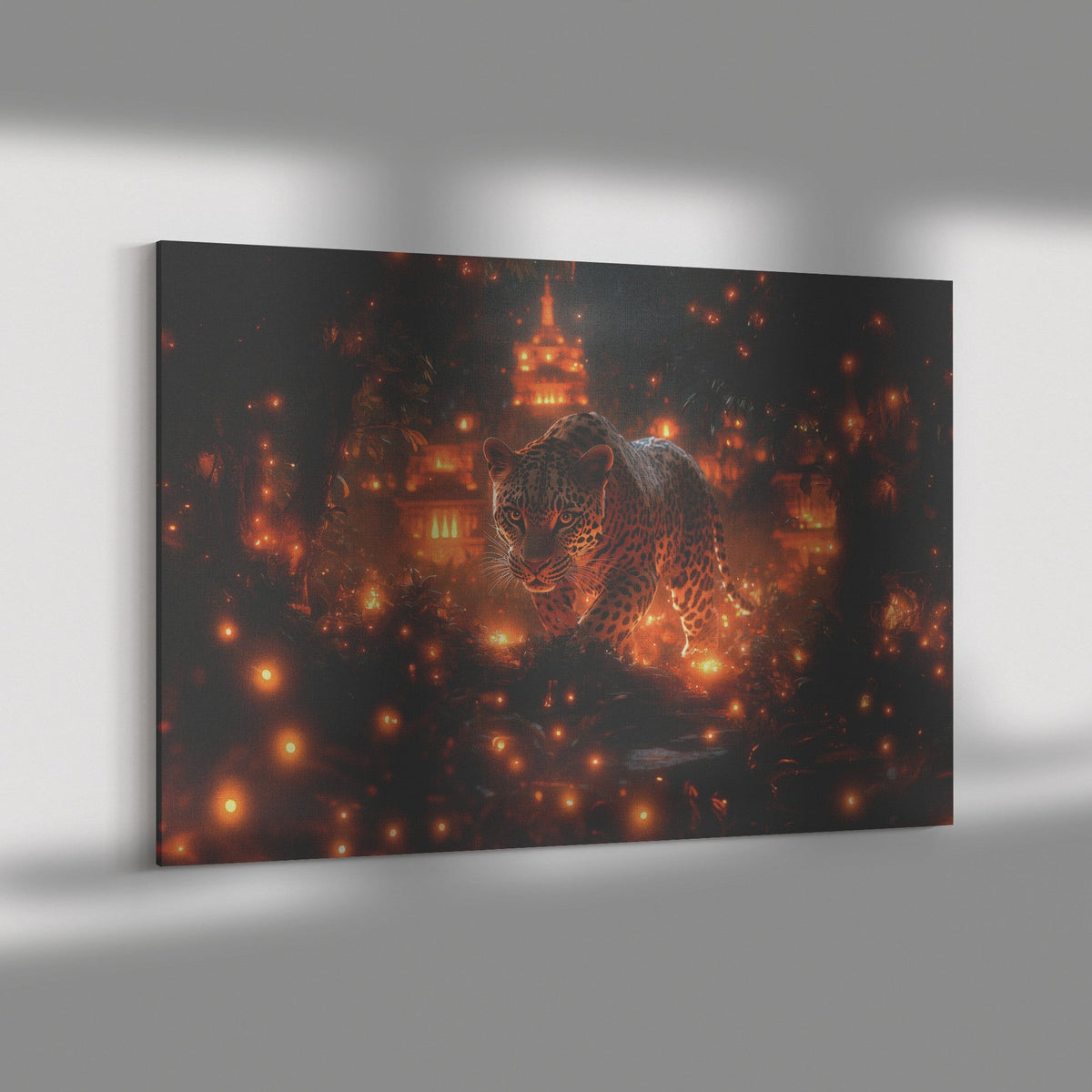 Leopard Canvas Wall Art Decor Walking Through Glowing Ancient Ruins Covered in Jungle Vines Under a Twilight Sky with Magical Atmosphere - Awakening Righteousness