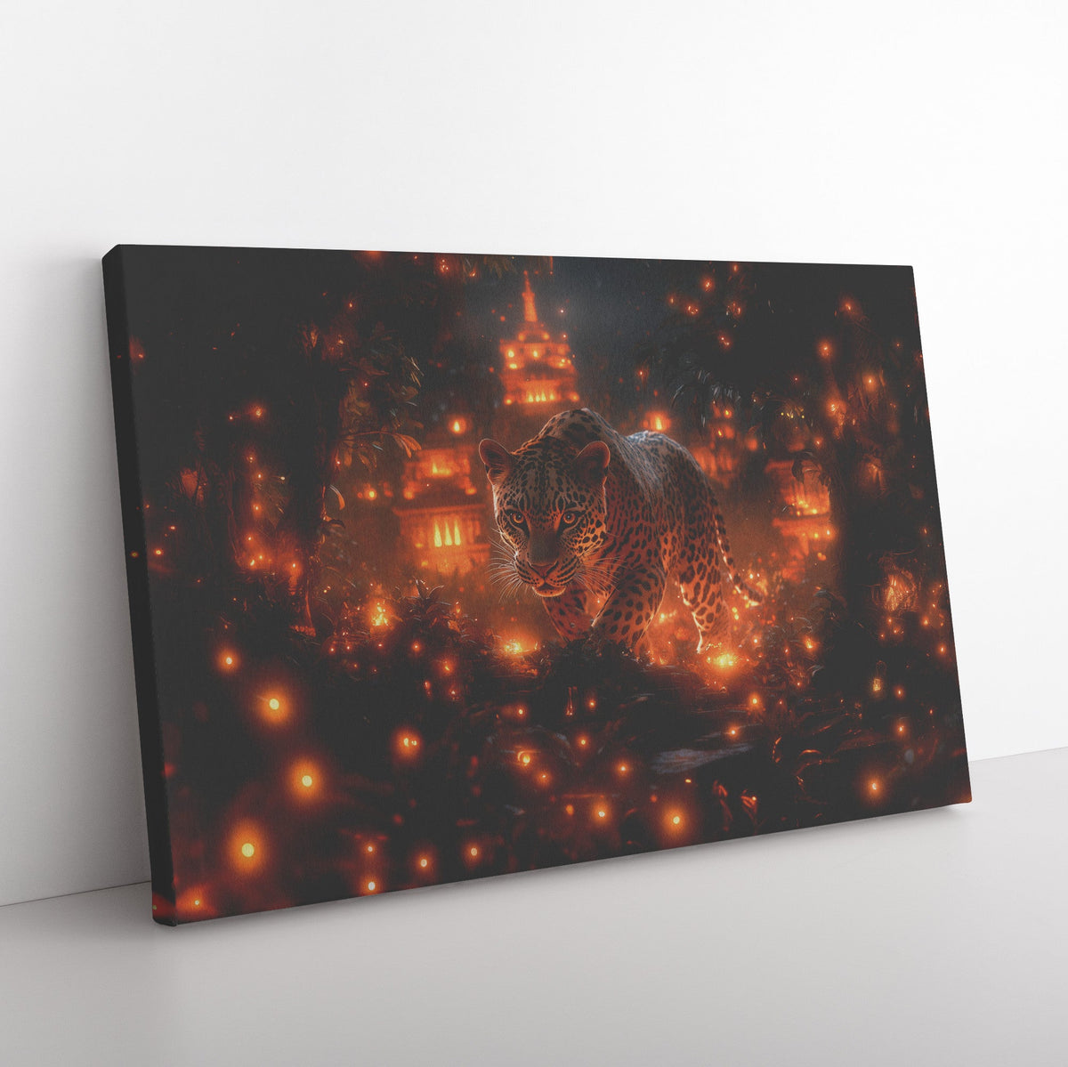 Leopard Canvas Wall Art Decor Walking Through Glowing Ancient Ruins Covered in Jungle Vines Under a Twilight Sky with Magical Atmosphere - Awakening Righteousness