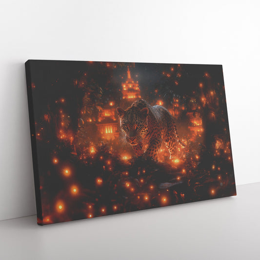 Leopard Canvas Wall Art Decor Walking Through Glowing Ancient Ruins Covered in Jungle Vines Under a Twilight Sky with Magical Atmosphere - Awakening Righteousness