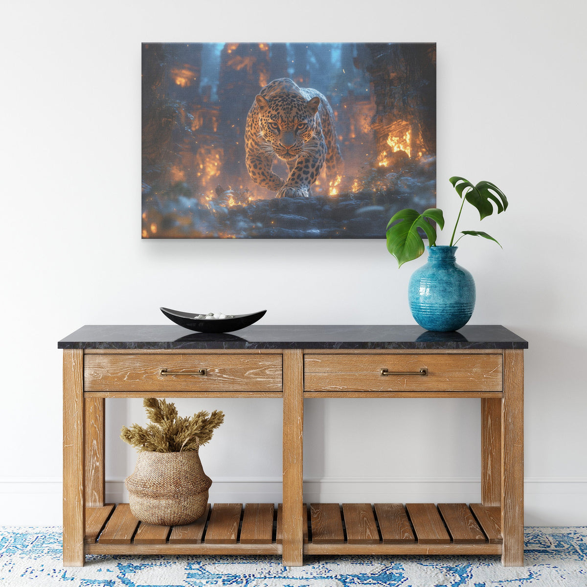Leopard Canvas Wall Art Decor Walking Through Glowing Ancient Ruins Covered in Jungle Vines Under a Twilight Sky with Magical Atmosphere - Awakening Righteousness