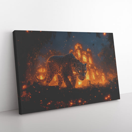 Leopard Canvas Wall Art Decor Walking Through Glowing Ancient Ruins Covered in Jungle Vines Under Twilight Sky with Magical Atmosphere - Awakening Righteousness