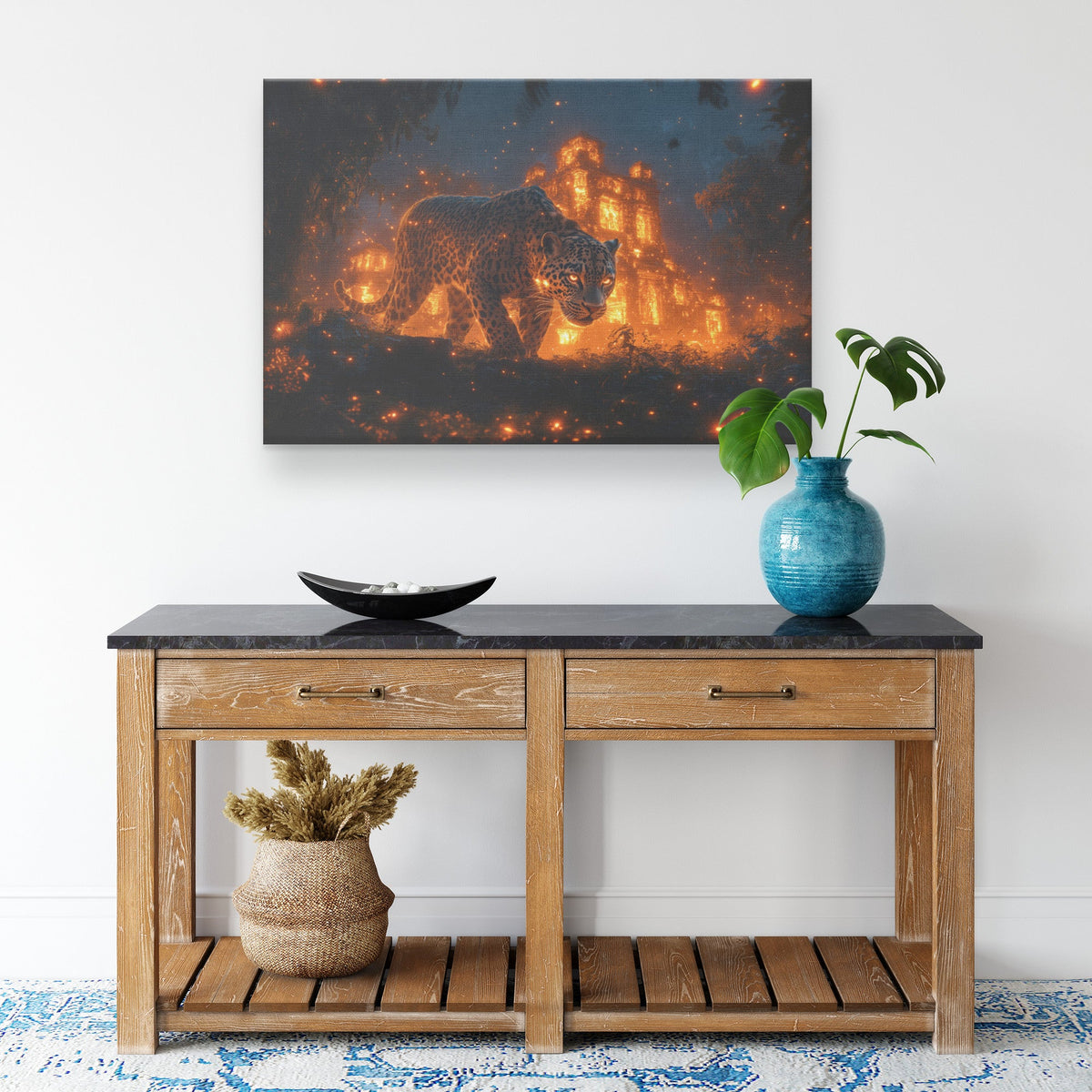 Leopard Canvas Wall Art Decor Walking Through Glowing Ancient Ruins Covered in Jungle Vines Under Twilight Sky with Magical Atmosphere - Awakening Righteousness