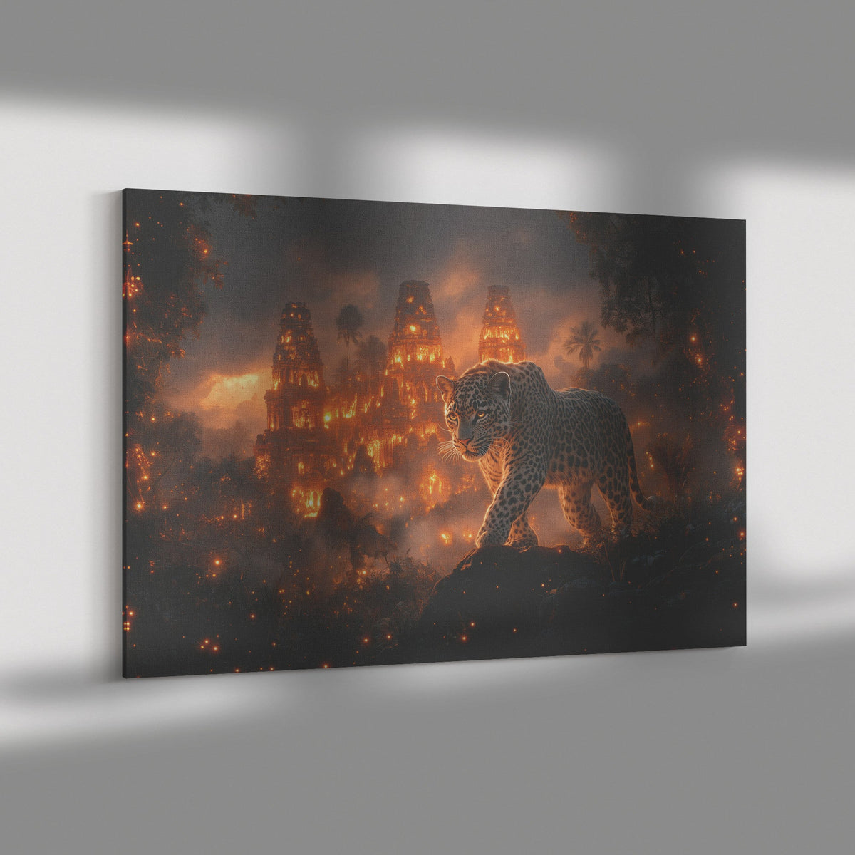 Leopard Canvas Wall Art Decor Walking Through Glowing Ancient Ruins Covered in Jungle Vines Under Twilight Sky with Magical Atmosphere - Awakening Righteousness