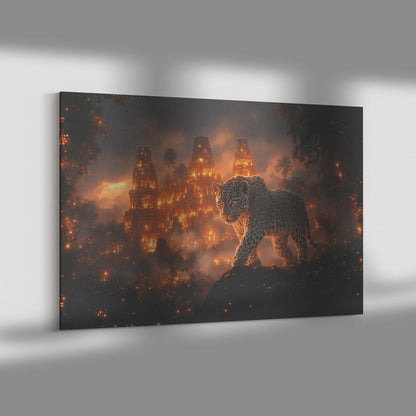 Leopard Canvas Wall Art Decor Walking Through Glowing Ancient Ruins Covered in Jungle Vines Under Twilight Sky with Magical Atmosphere - Awakening Righteousness