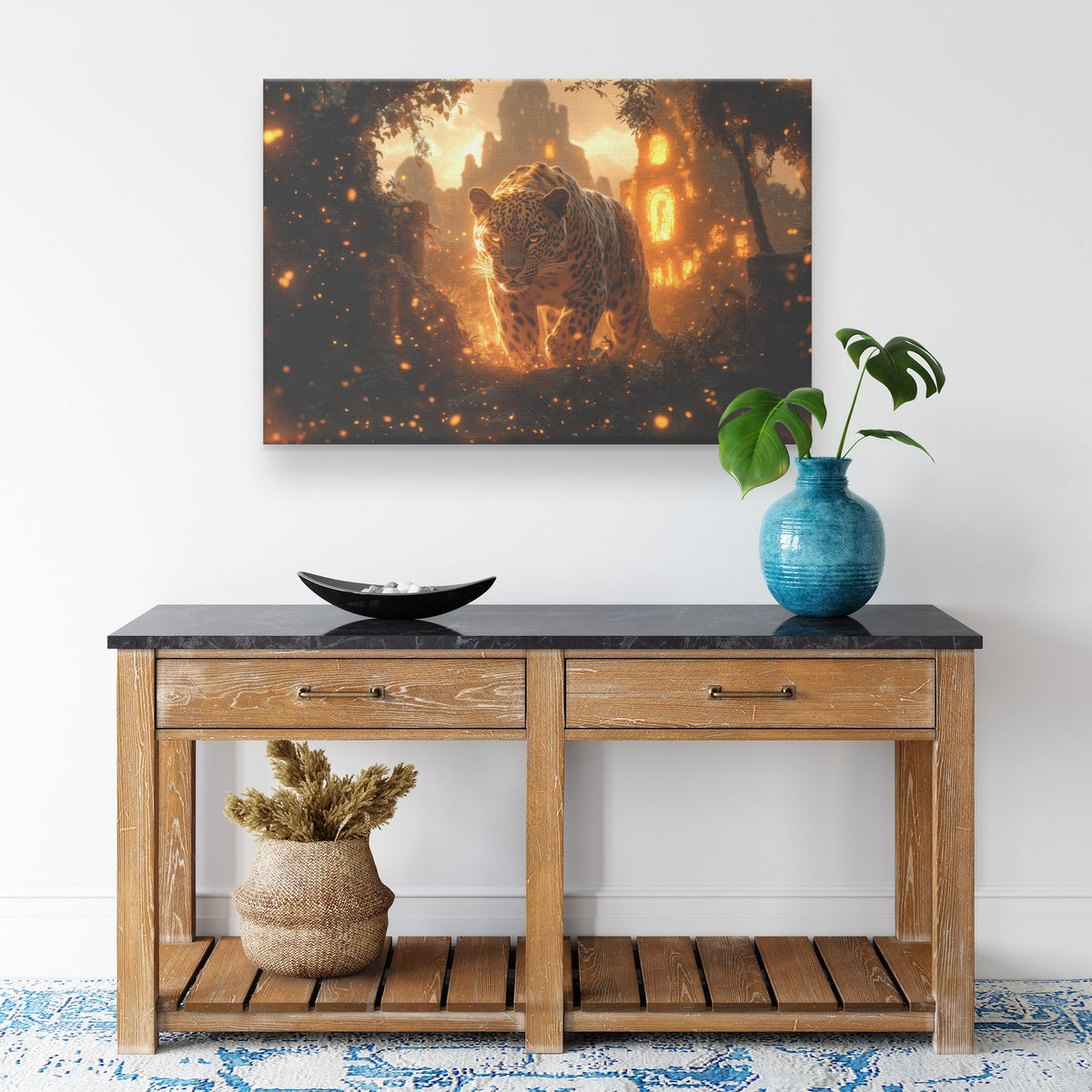 Leopard Canvas Wall Art Decor Walking Through Glowing Ancient Ruins Covered in Jungle Vines Under Twilight Sky with Magical Atmosphere - Awakening Righteousness