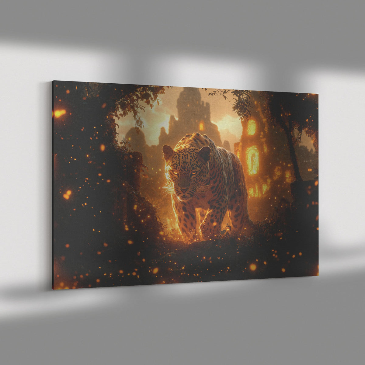 Leopard Canvas Wall Art Decor Walking Through Glowing Ancient Ruins Covered in Jungle Vines Under Twilight Sky with Magical Atmosphere - Awakening Righteousness