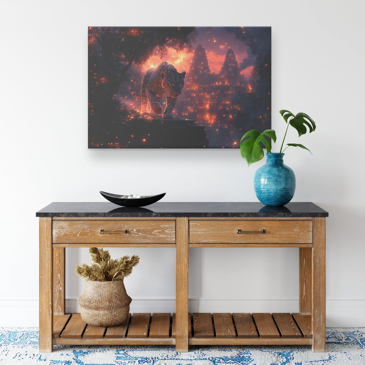 Leopard Canvas Wall Art Decor Walking Through Glowing Ancient Ruins Covered in Jungle Vines Under Twilight Sky with Magical Atmosphere - Awakening Righteousness