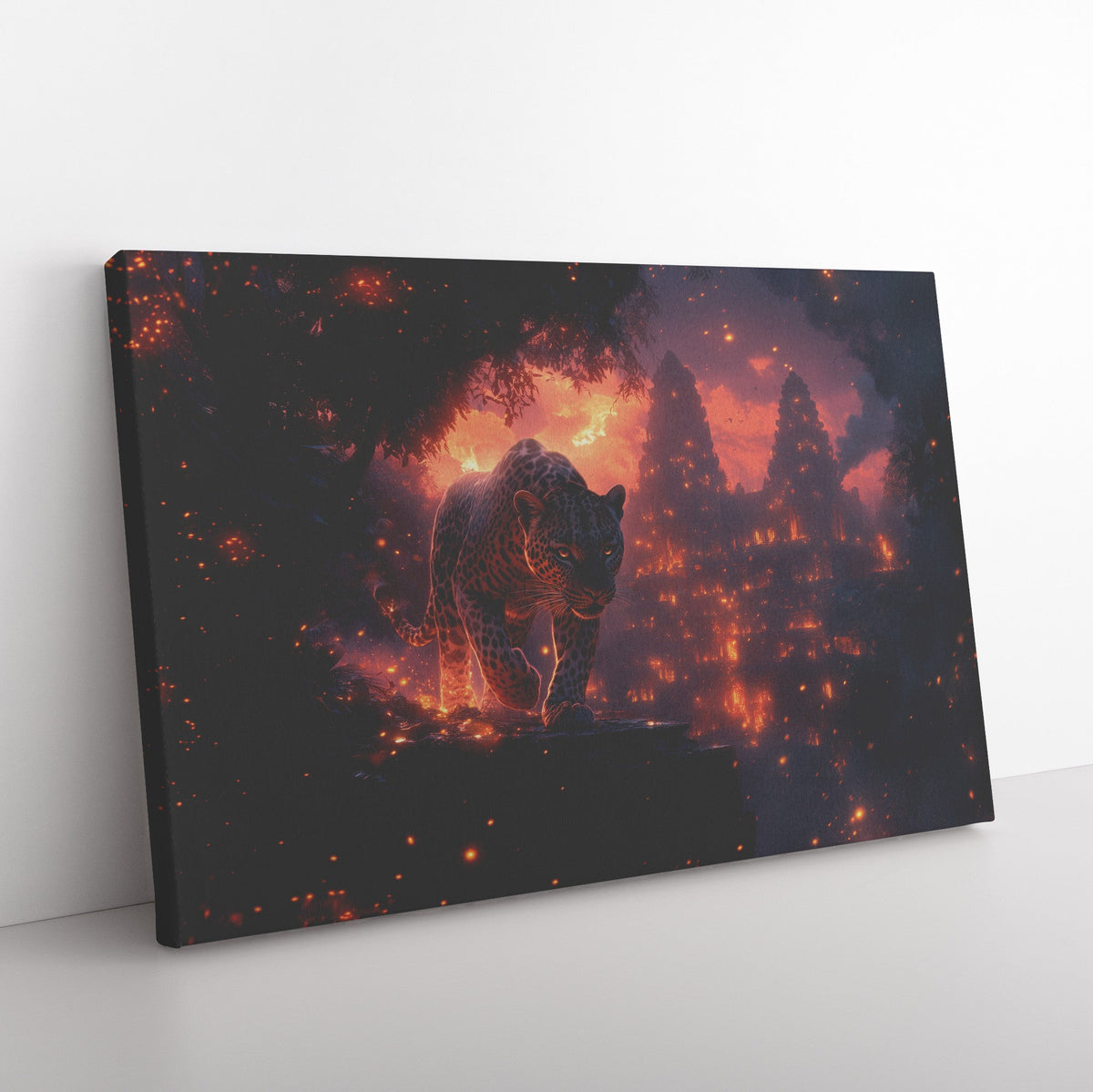 Leopard Canvas Wall Art Decor Walking Through Glowing Ancient Ruins Covered in Jungle Vines Under Twilight Sky with Magical Atmosphere - Awakening Righteousness