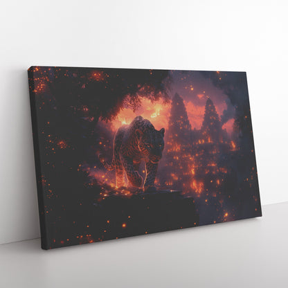 Leopard Canvas Wall Art Decor Walking Through Glowing Ancient Ruins Covered in Jungle Vines Under Twilight Sky with Magical Atmosphere - Awakening Righteousness