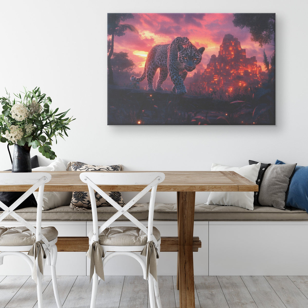 Leopard Canvas Wall Art Decor Walking Through Glowing Ancient Ruins Covered in Jungle Vines Under Twilight Sky with Magical Atmosphere - Awakening Righteousness