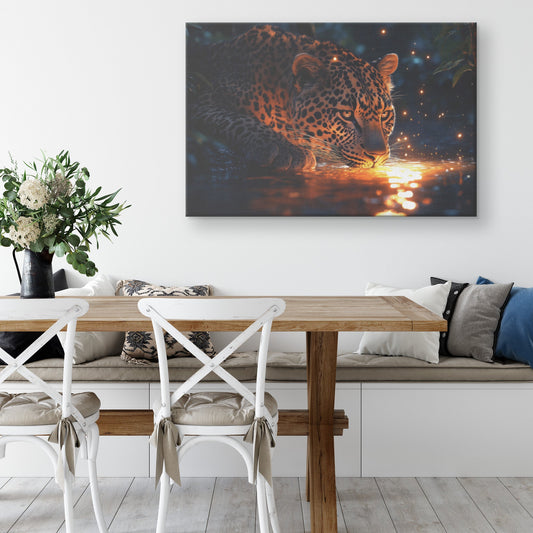 Leopard Drinking from Glowing River Canvas Wall Art Decor Surrounded by Lush Jungle Trees Under Twilight Sky - Awakening Righteousness