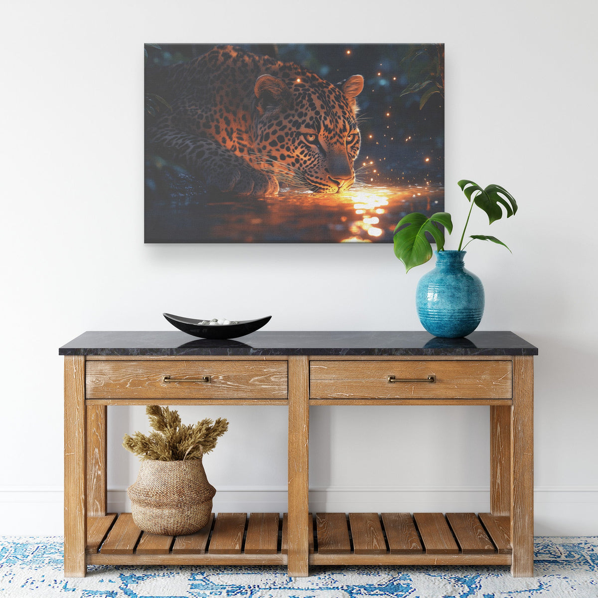 Leopard Drinking from Glowing River Canvas Wall Art Decor Surrounded by Lush Jungle Trees Under Twilight Sky - Awakening Righteousness