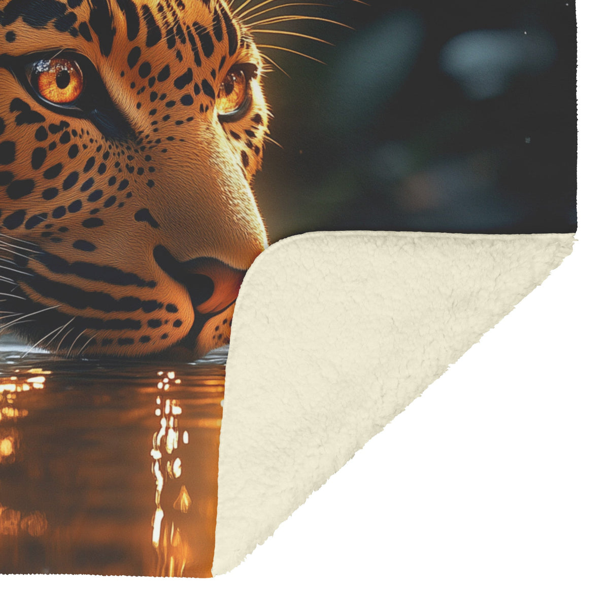Leopard Drinking from Glowing River Surrounded by Lush Jungle Trees Under Twilight Sky Fleece Sherpa Blanket - Awakening Righteousness