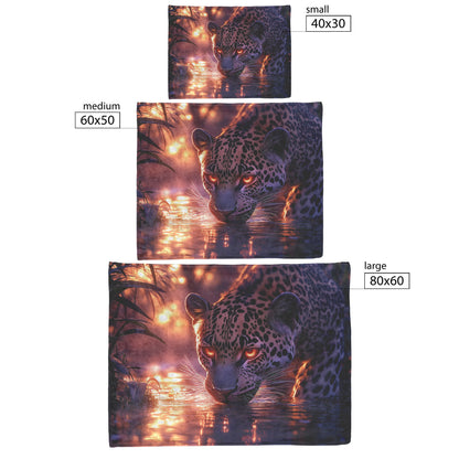 Leopard Drinking from Glowing River Surrounded by Lush Jungle Trees Under Twilight Sky Fleece Sherpa Blanket - Awakening Righteousness