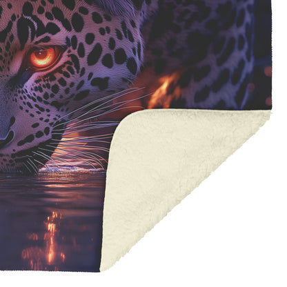 Leopard Drinking from Glowing River Surrounded by Lush Jungle Trees Under Twilight Sky Fleece Sherpa Blanket - Awakening Righteousness
