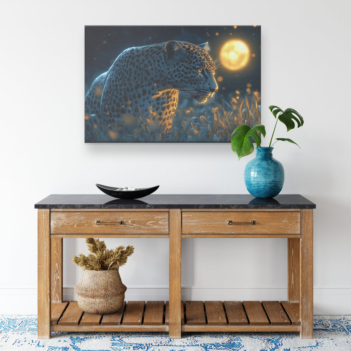 Leopard Hunting Under Glowing Moonlight Canvas Wall Art Decor in Misty Grass Savanna - Awakening Righteousness