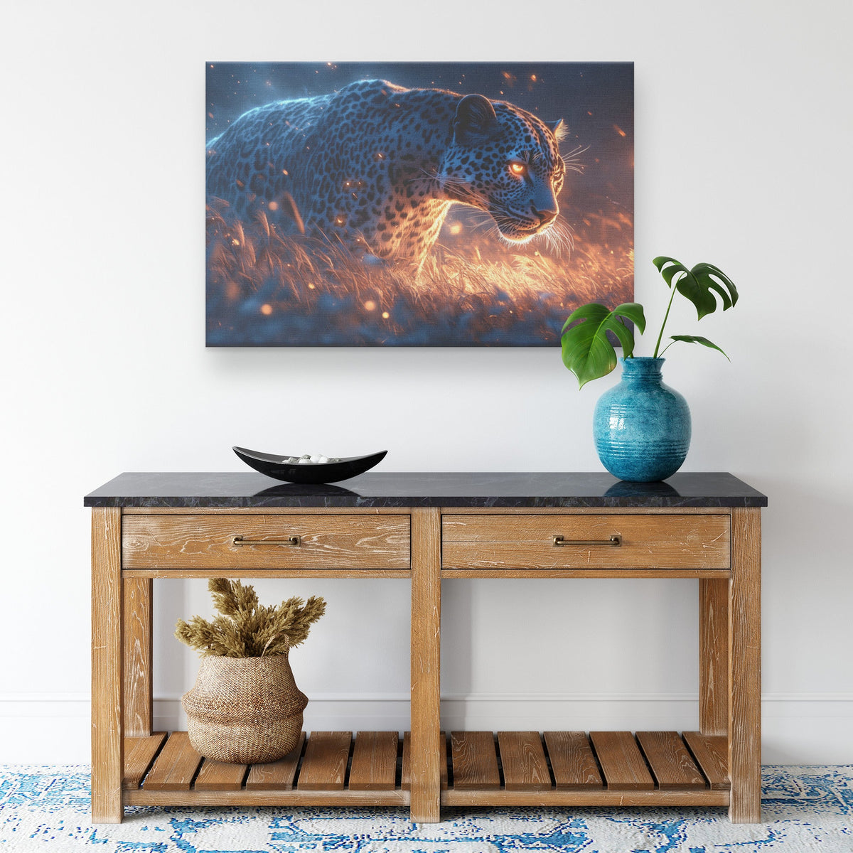 Leopard Hunting Under Glowing Moonlight Canvas Wall Art Decor in Misty Grass Savanna - Awakening Righteousness