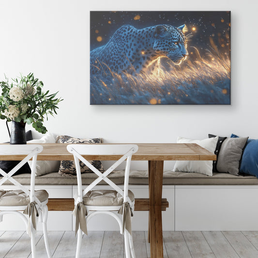 Leopard Hunting Under Glowing Moonlight Canvas Wall Art Decor in Misty Grass Savanna - Awakening Righteousness