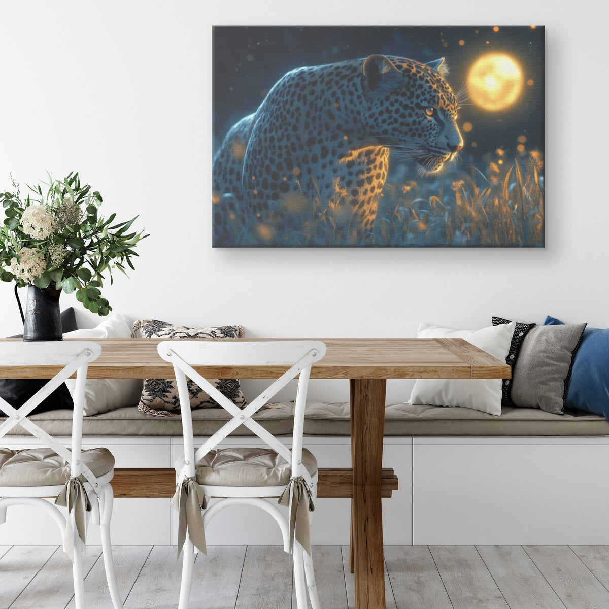 Leopard Hunting Under Glowing Moonlight Canvas Wall Art Decor in Misty Grass Savanna - Awakening Righteousness