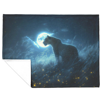 Leopard Hunting Under Glowing Moonlight in Open Misty Savanna Fleece Sherpa Blanket Soft and Luxurious - Awakening Righteousness