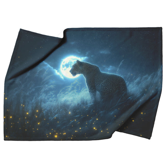 Leopard Hunting Under Glowing Moonlight in Open Misty Savanna Fleece Sherpa Blanket Soft and Luxurious - Awakening Righteousness