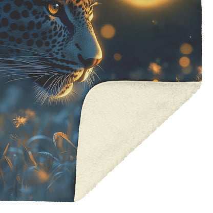 Leopard Hunting Under Glowing Moonlight in Open Savanna with Misty Grass Fleece Sherpa Blanket - Awakening Righteousness
